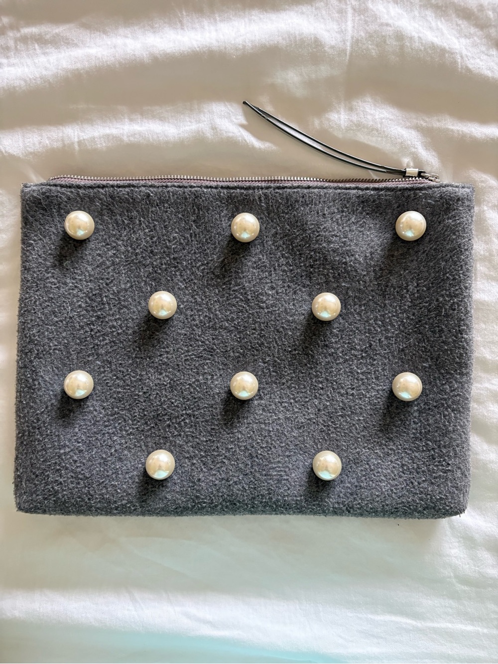 J. Crew Gray Felt Clutch with Pearl Accents